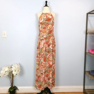 LOFT•100% Rayon Floral Orange and Beige Maxi Dress